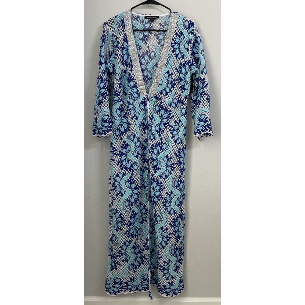 Boston Proper Guipure Crochet Duster Topper Embellished Blue Multi Women's S-NEW